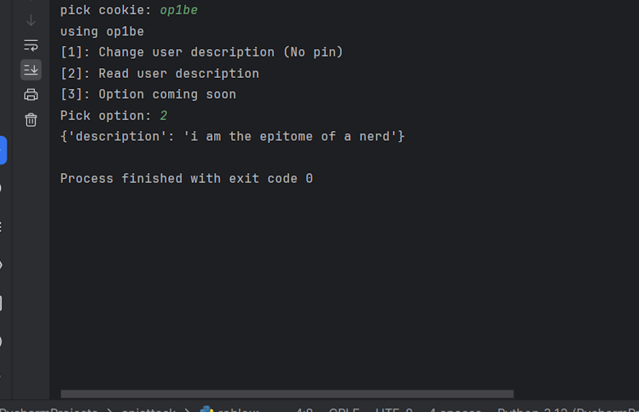 [Image of python project showing 3 options in output.]