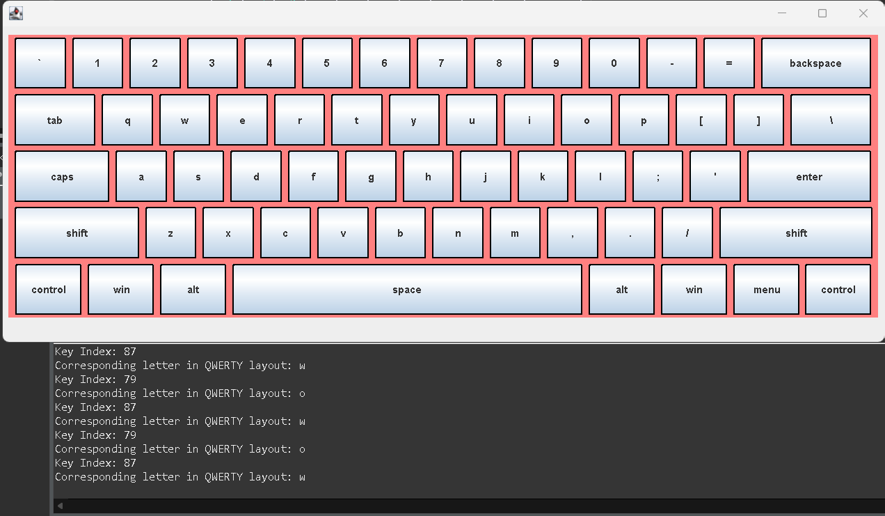 [Image of simple keyboard made with java with output showing key presses]