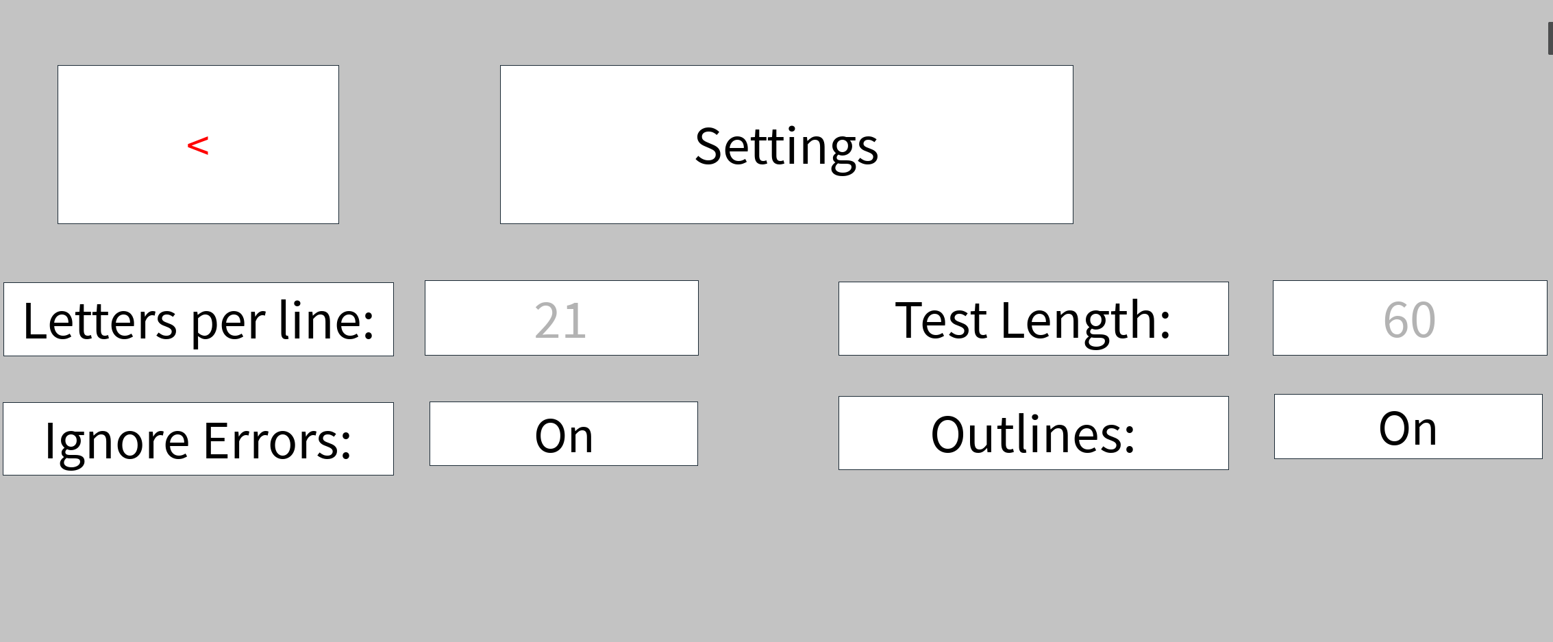 [Image of game settings showing line length, ignore errors, test length, and customizable outlines.]