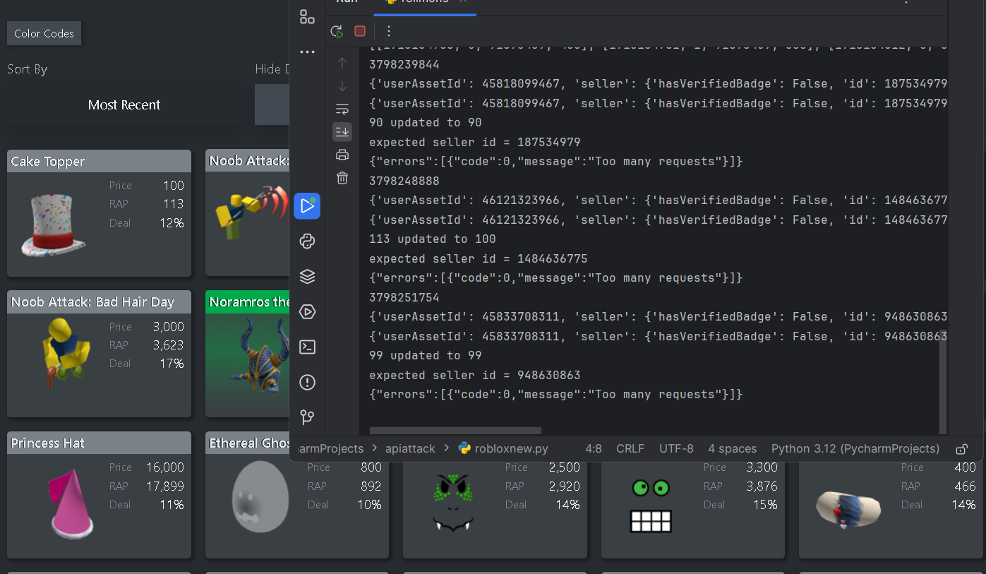 [Image of python program gathering data from rolimons then using that data to find sellers on roblox api]